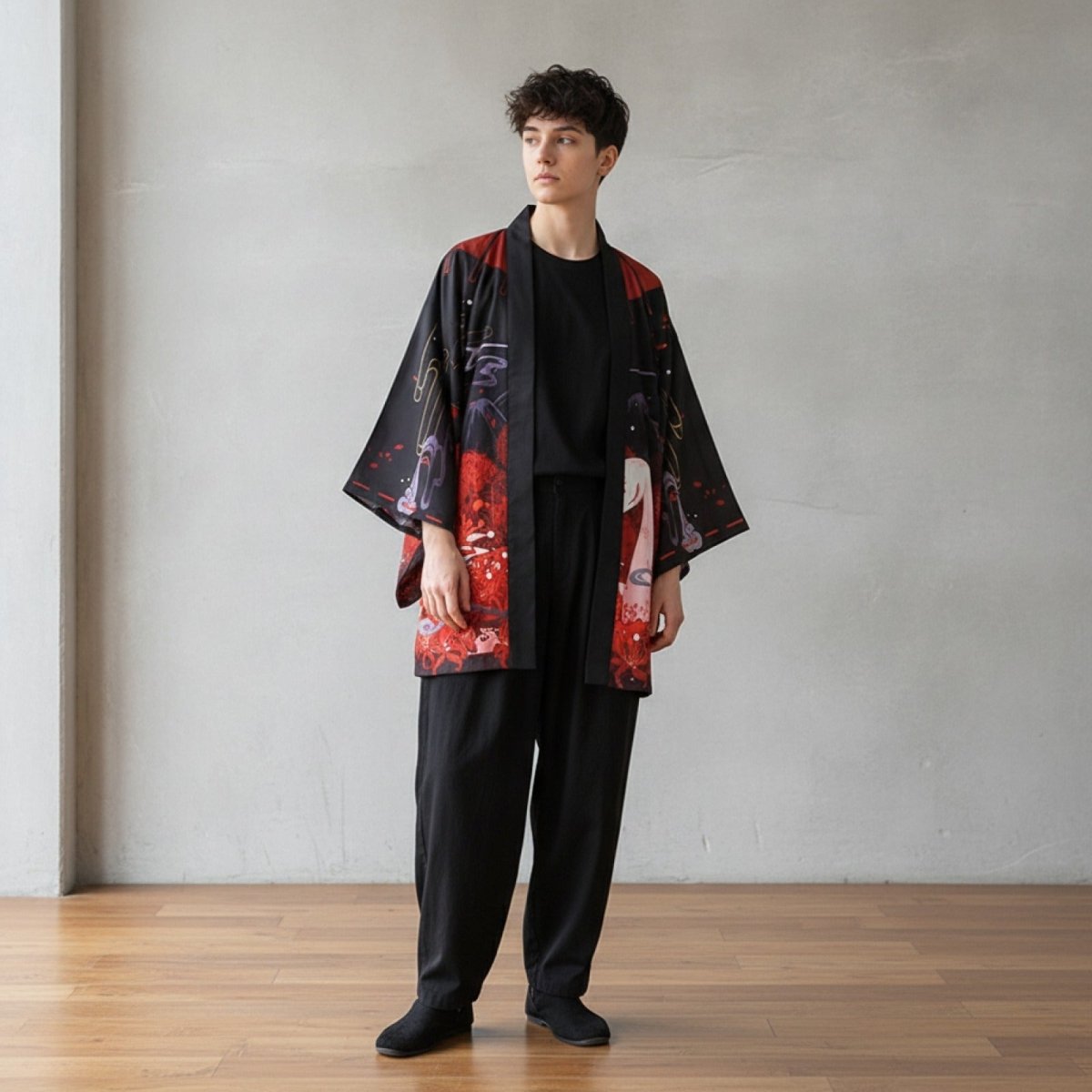 Cardigan Kimono Samouraï Unisexe – Noir et Rouge - Taille unique