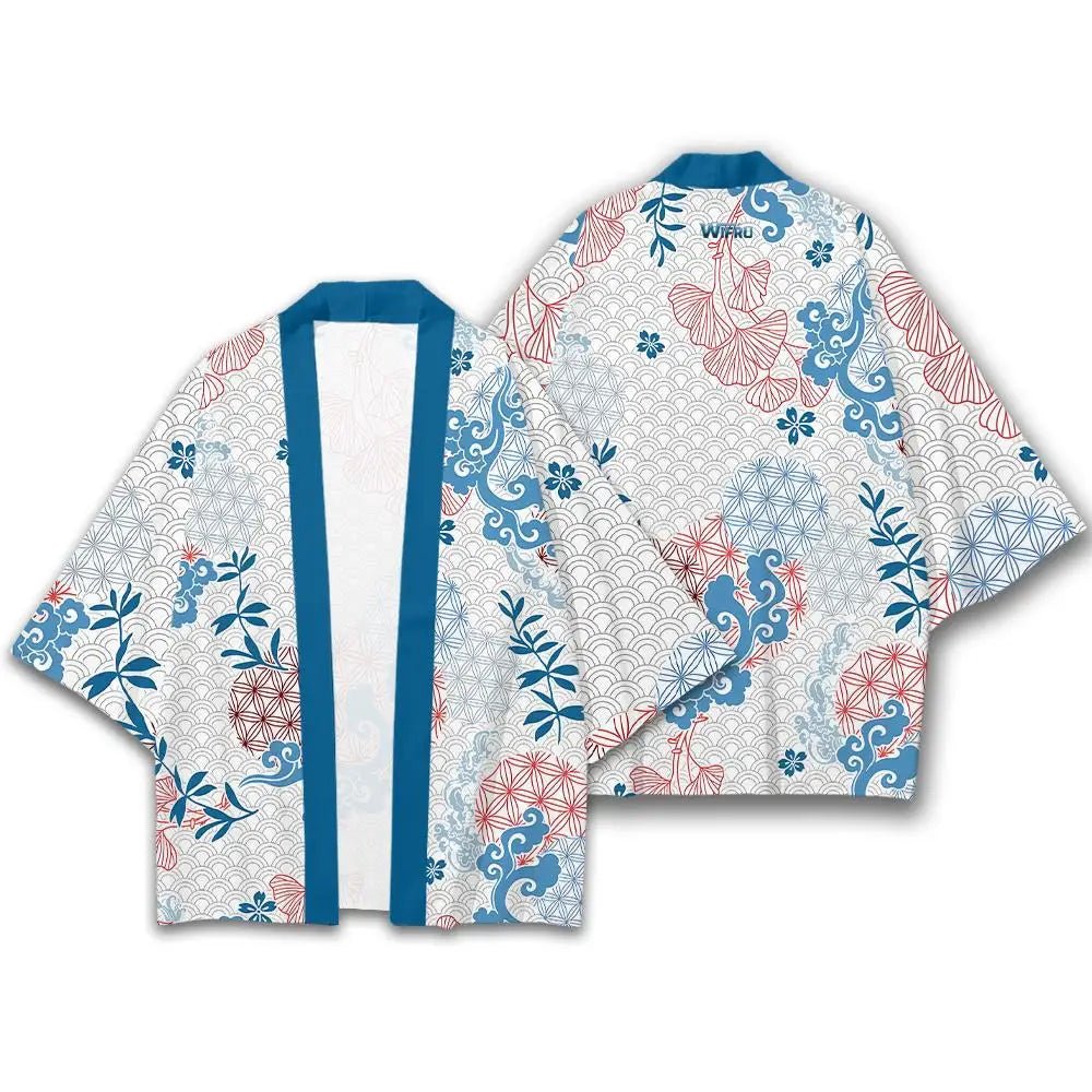 Kimono Fleurs Japonais Femme – Blanc et Bleu - XXS