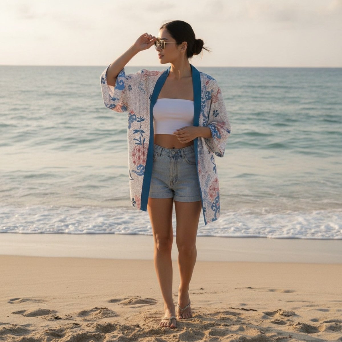 Kimono Fleurs Japonais Femme – Blanc et Bleu - XXS