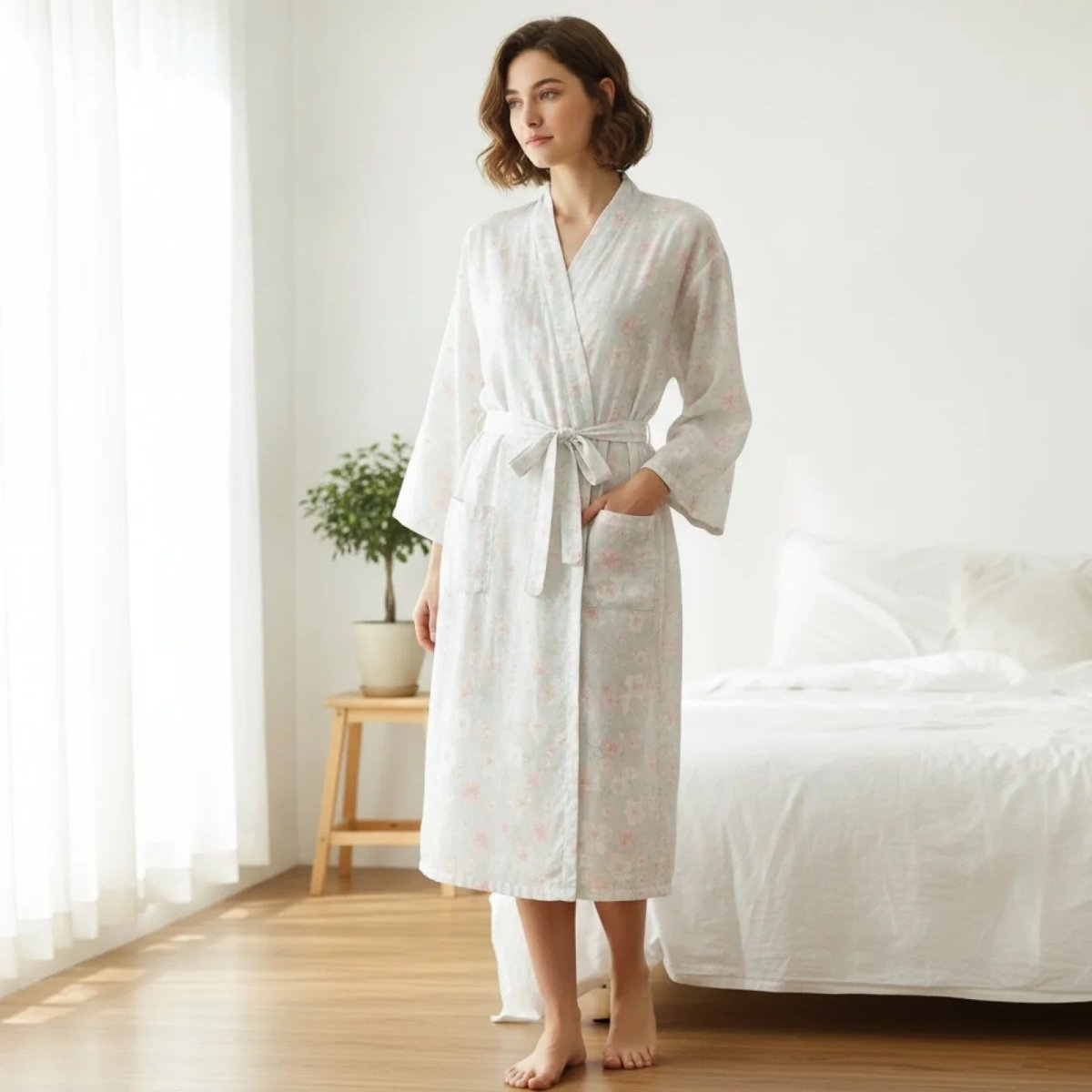 Pyjama Kimono Coton Femme – Blanc - M