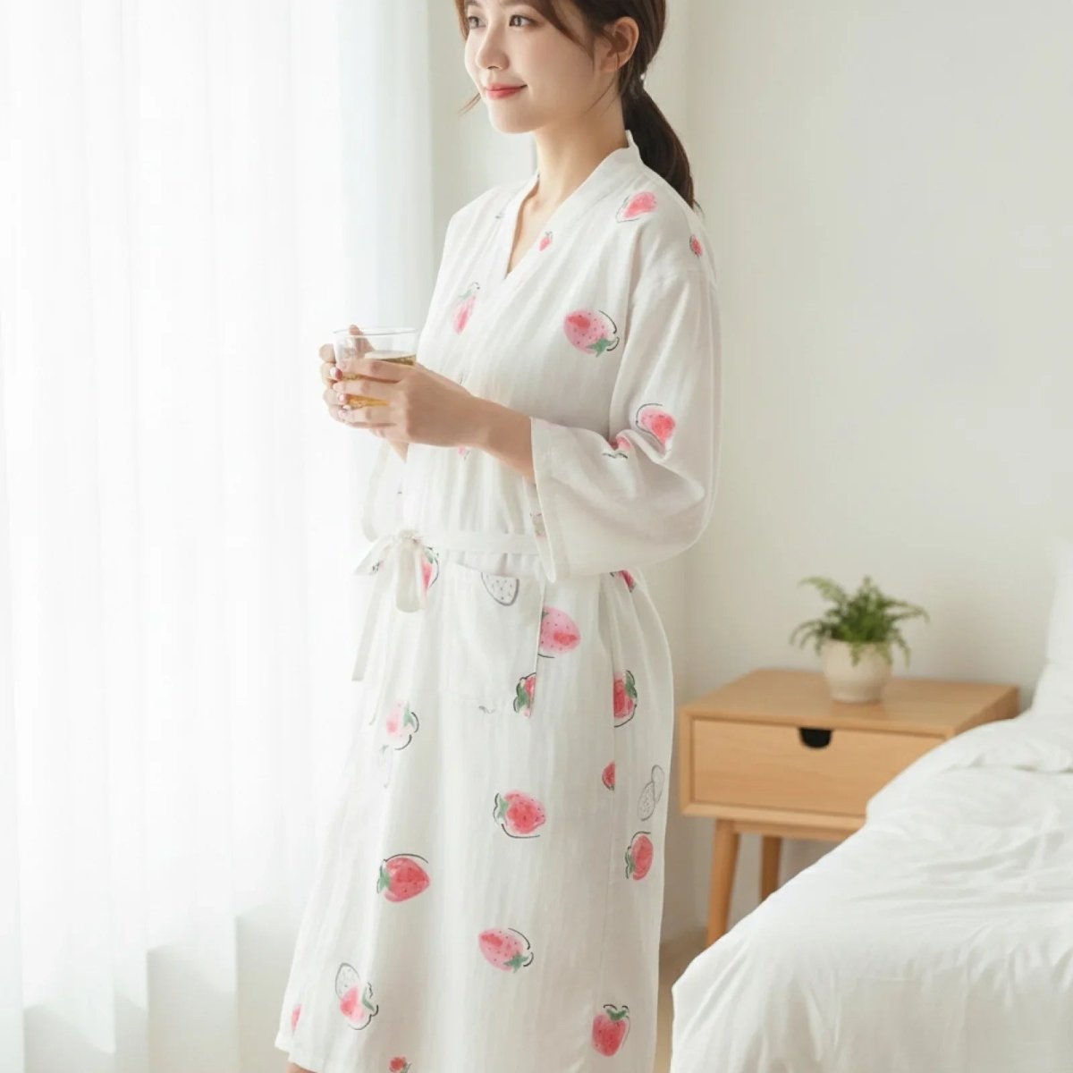 Pyjama Kimono Fraises Femme – Blanc - M