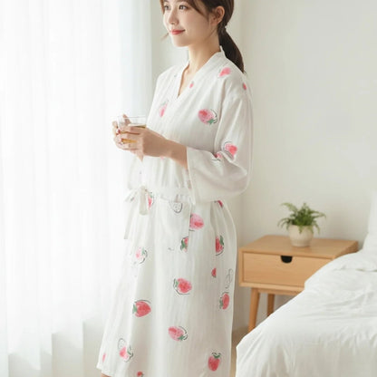 Pyjama Kimono Fraises Femme – Blanc - M