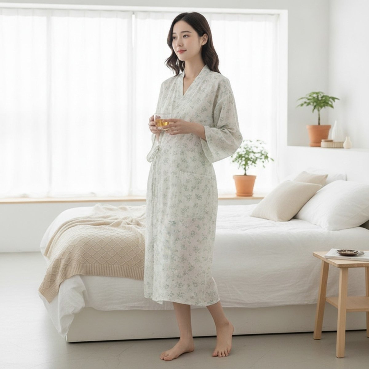 Pyjama Kimono Fleurs Vertes Femme – Blanc - M