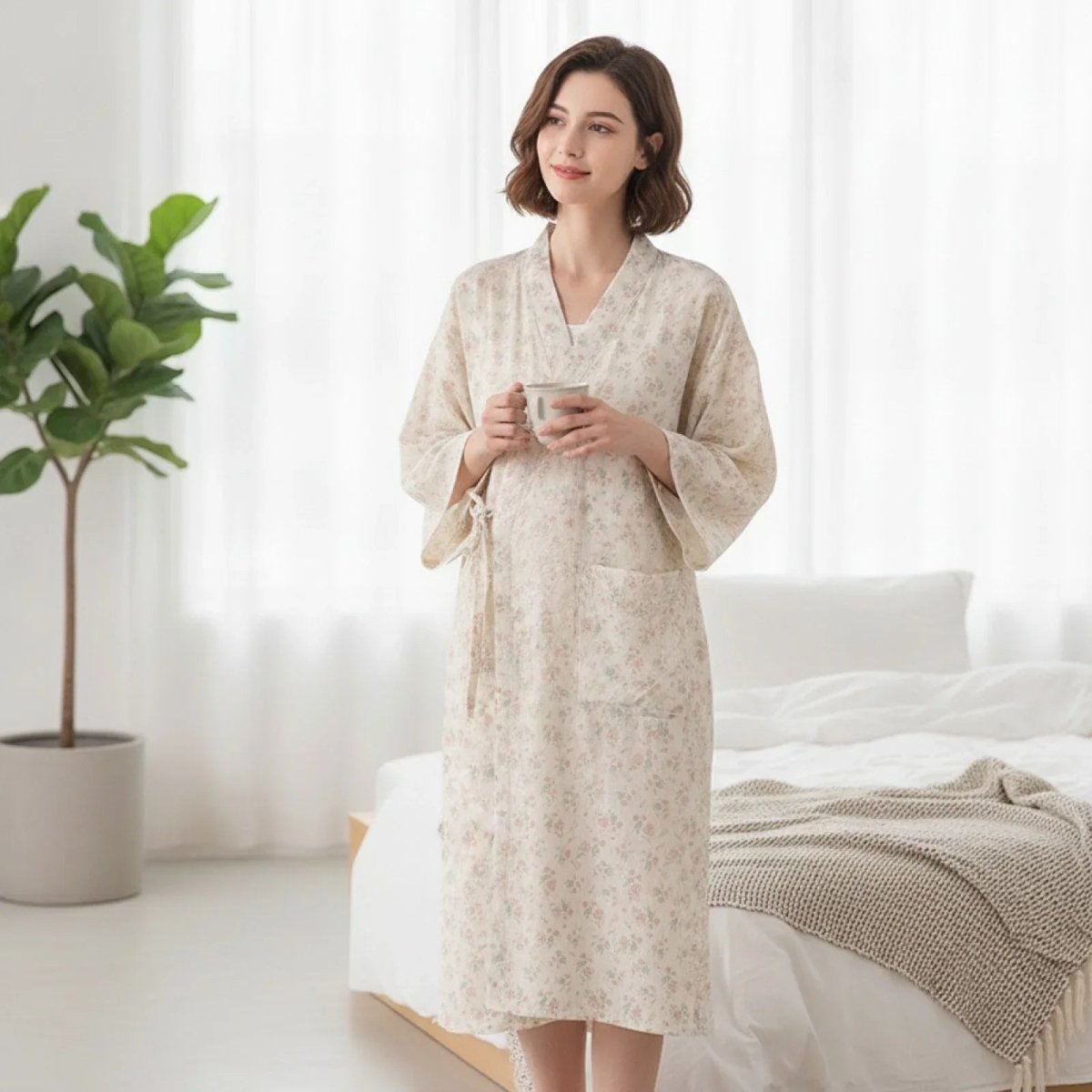 Pyjama Kimono Fleurs Roses Femme – Blanc - M