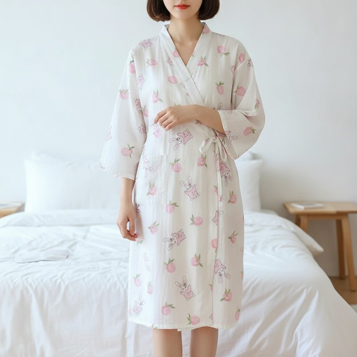 Pyjama Kimono Lapins Pêches Femme – Blanc - M
