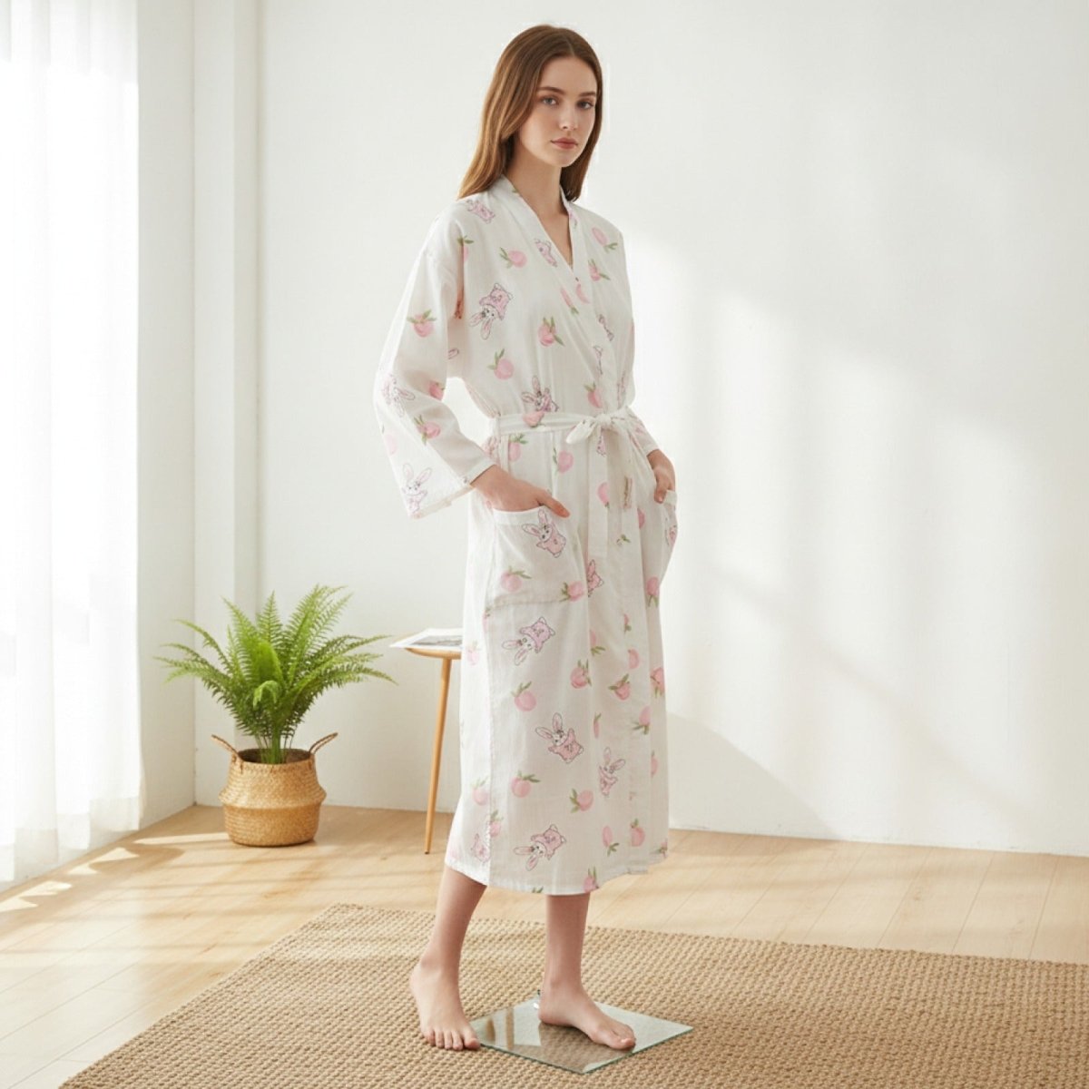 Pyjama Kimono Lapins Pêches Femme – Blanc - M