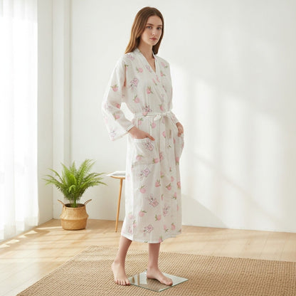 Pyjama Kimono Lapins Pêches Femme – Blanc - M