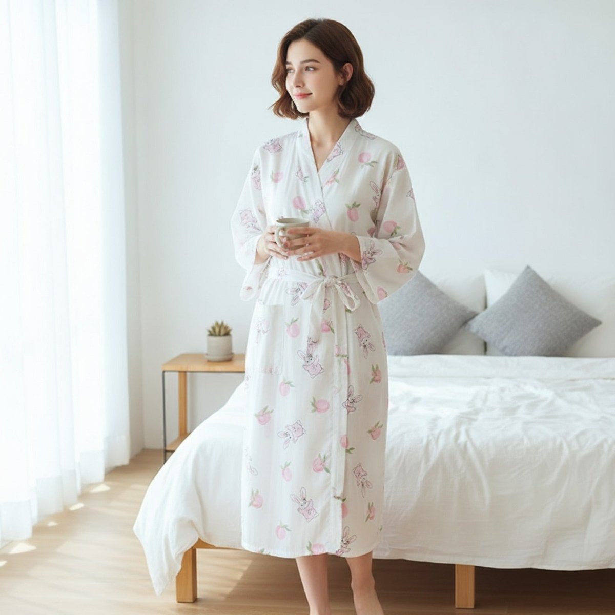 Pyjama Kimono Lapins Pêches Femme – Blanc - M