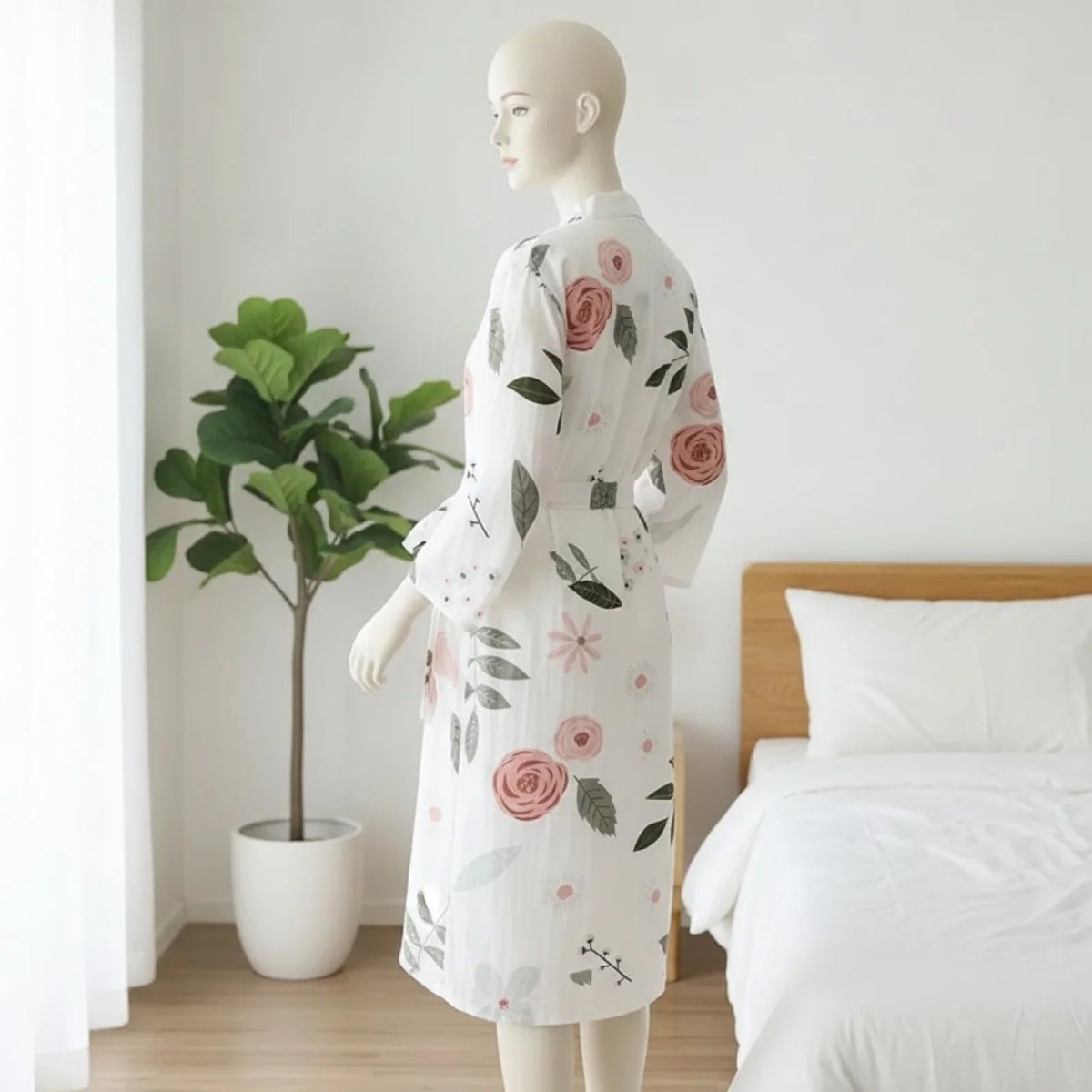 Pyjama Kimono Grandes Roses Femme – Blanc - M