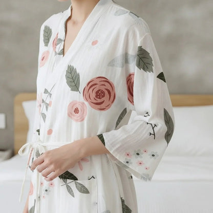 Pyjama Kimono Grandes Roses Femme – Blanc - M