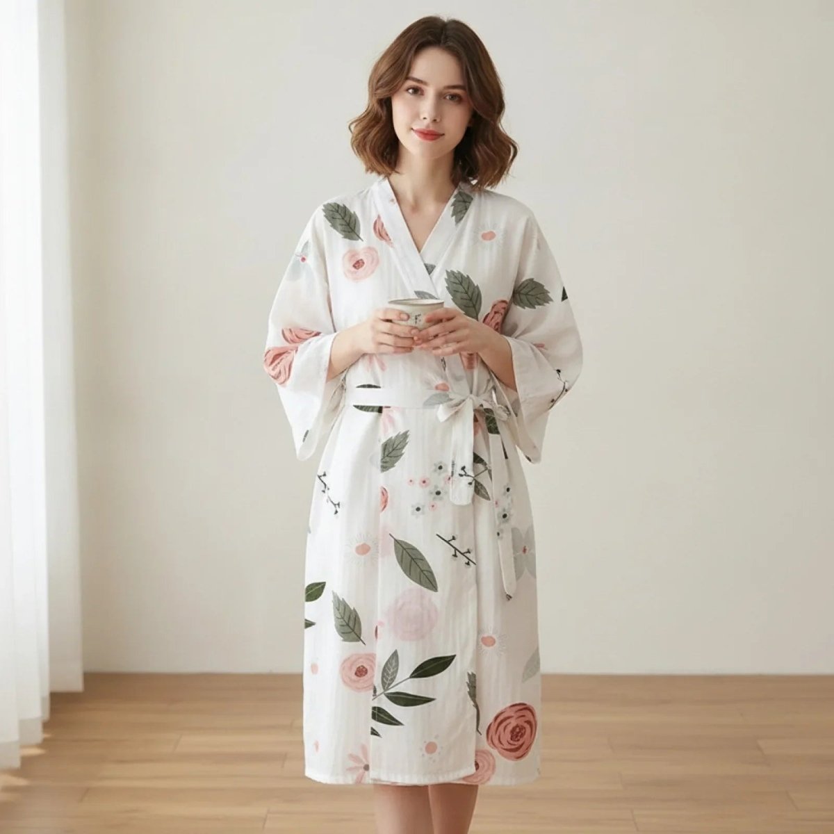 Pyjama Kimono Grandes Roses Femme – Blanc - M