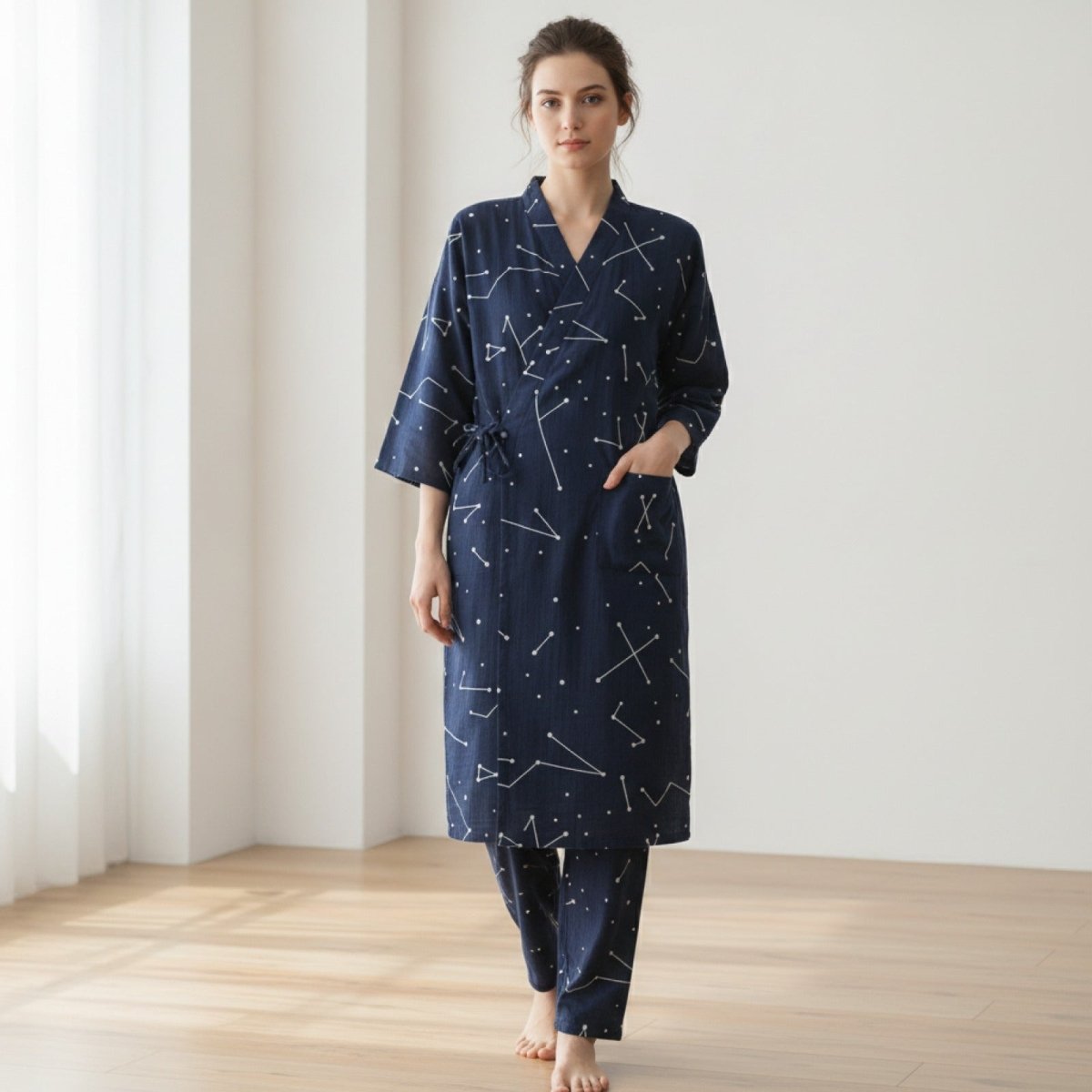 Pyjama Kimono Gaze de Coton Femme – Bleu - M