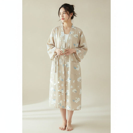 Pyjama Kimono Coton Femme – Beige - M