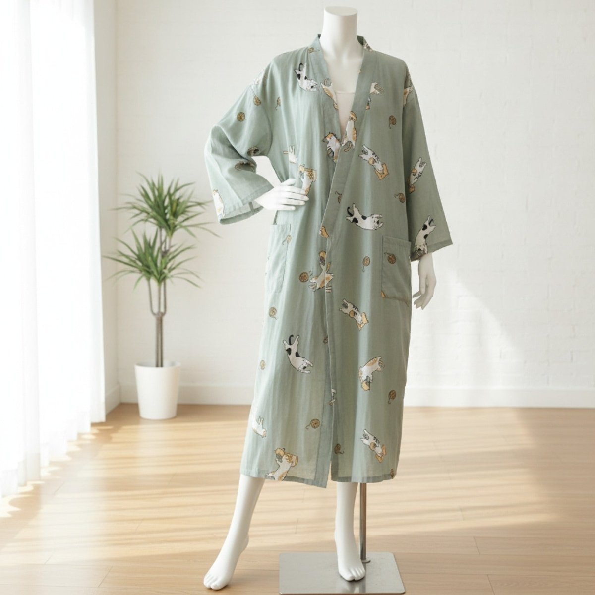 Pyjama Kimono Motif Chats Femme – Vert - M