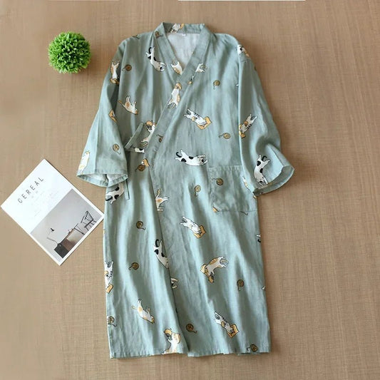 Pyjama Kimono Motif Chats Femme – Vert - M