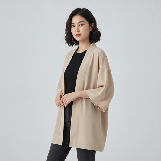Robe Kimono Long Décontracté Unisexe – Beige - S