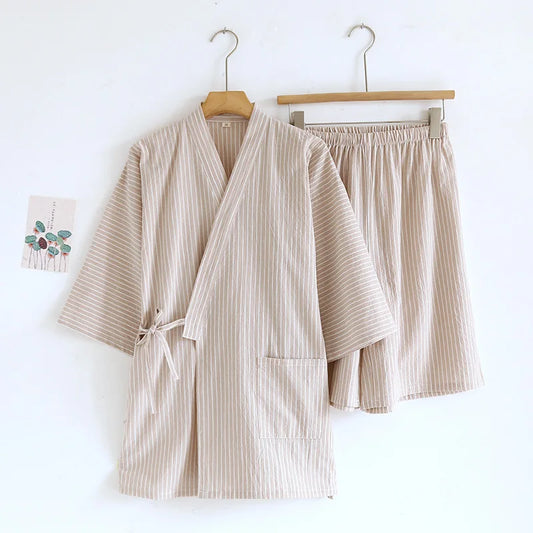 Pyjama Kimono Homme Coton Léger Kaki Rayé