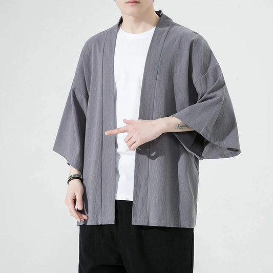 Cardigan Kimono Homme Coton Lin Gris