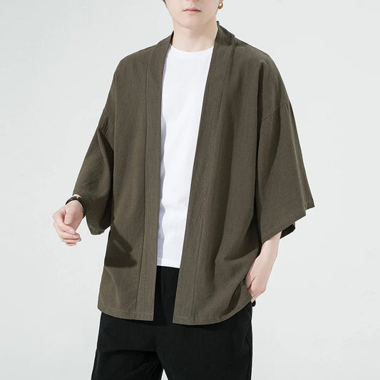 Cardigan Kimono Homme Coton Lin Vert