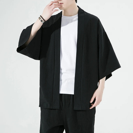 Cardigan Kimono Homme Coton Lin Noir