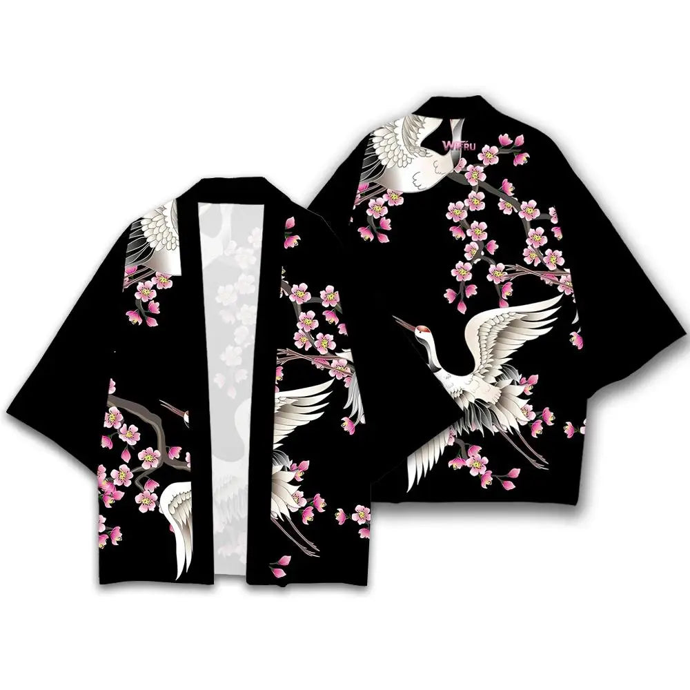 Kimono Japonais Femme : Élégance Harajuku Grues & Cerisiers