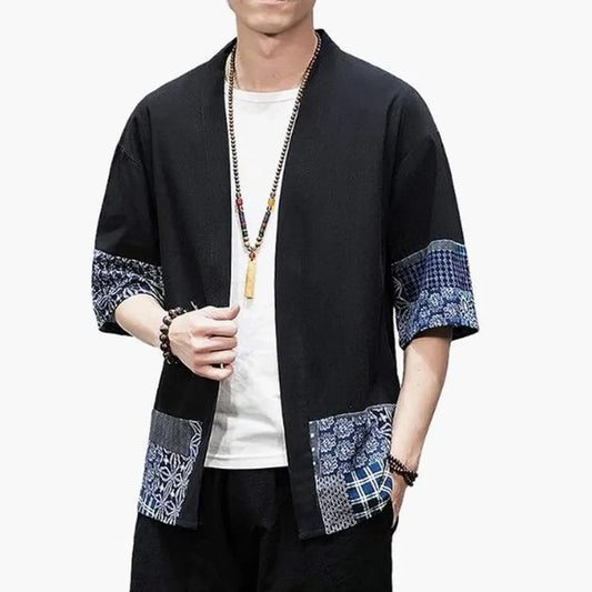 Cardigan Kimono Homme Noir Coton Lin