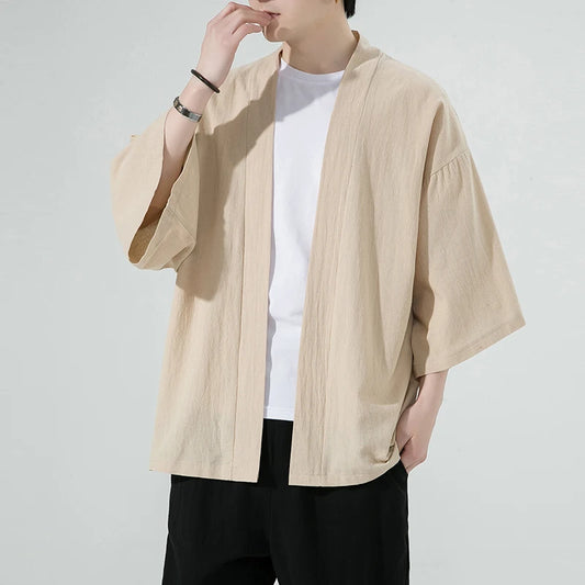 Cardigan Kimono Homme Coton Lin Biege