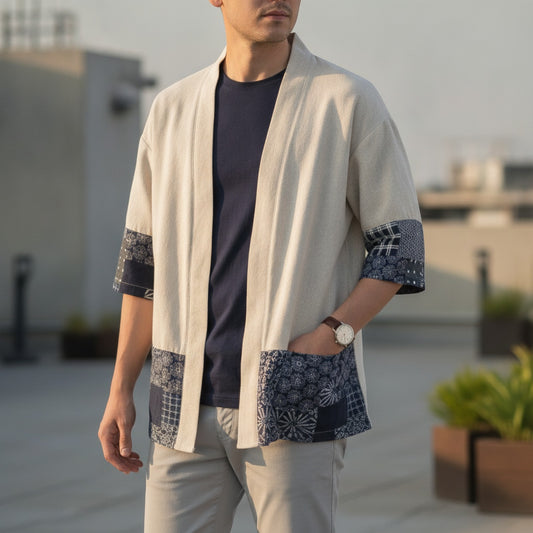 Cardigan Kimono Homme Coton Lin Beige
