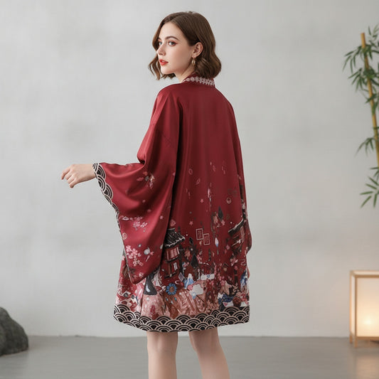 Kimono Haori Streetwear Rouge Unisexe