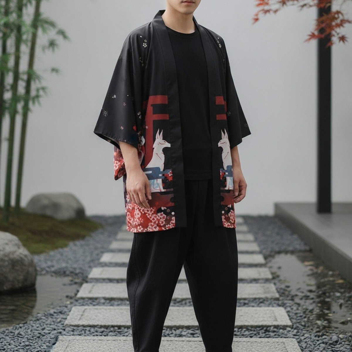 Haori Kimono Kitsune Unisexe – Noir - Taille unique