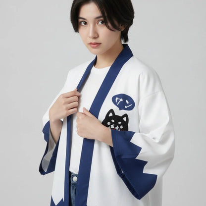 Cardigan Kimono Chiot Kawaii Unisexe – Blanc - S