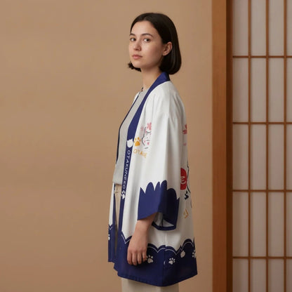 Cardigan Kimono Chat Unisexe – Blanc et Bleu - S