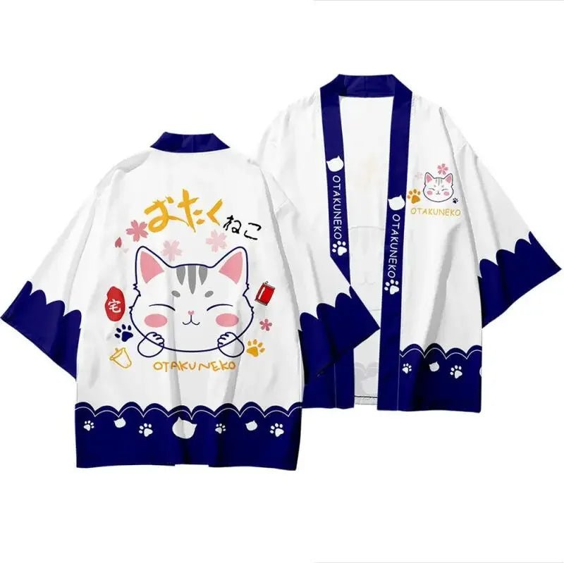 Cardigan Kimono Chat Unisexe – Blanc et Bleu - S