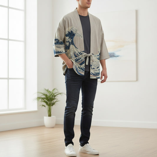 Cardigan Kimono Haori Unisexe Coton Motifs Japonais