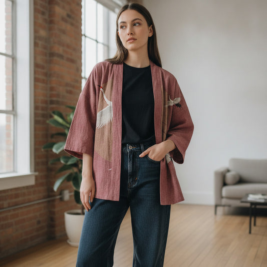 Cardigan Kimono Haori Unisexe Coton Imprimé Oriental