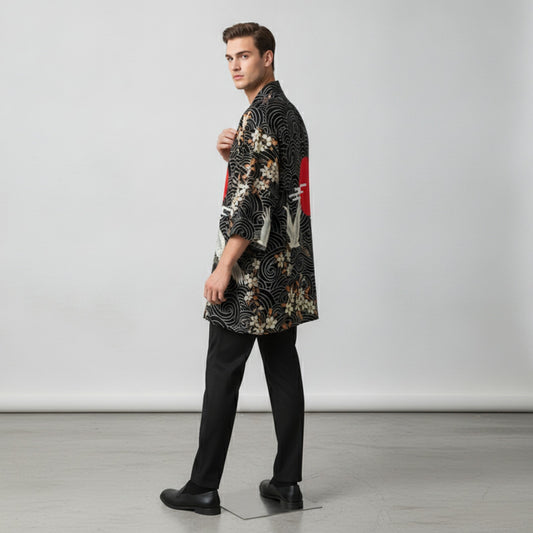Kimono Haori Homme Noir Imprimé Grues