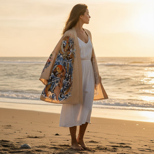Robe Kimono Carpe Koï Femme – Beige - XS