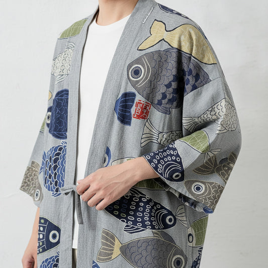 Cardigan Kimono Haori Japonais Unisexe Coton Motifs Traditionnels