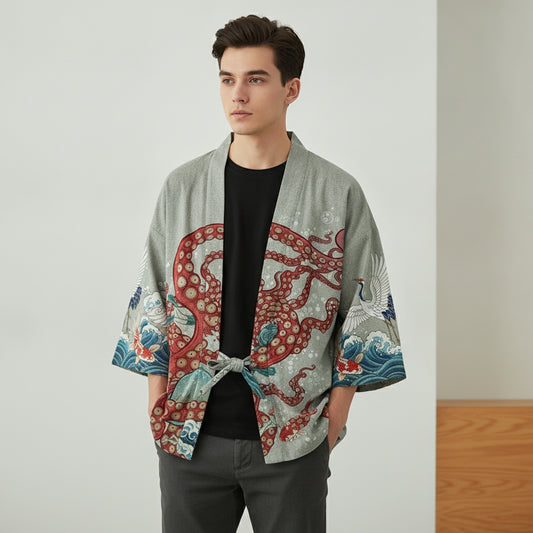 Cardigan Kimono Haori Unisexe Coton Imprimé Japonais