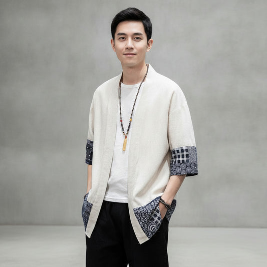 Cardigan Kimono Homme Coton Lin Beige