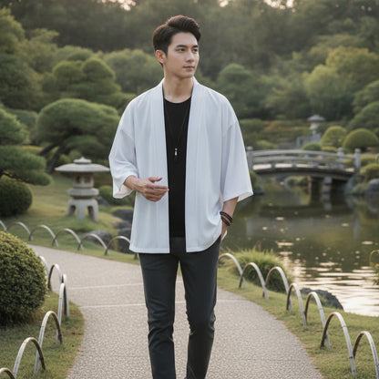 Chemise Kimono Homme Été Blanc Léger