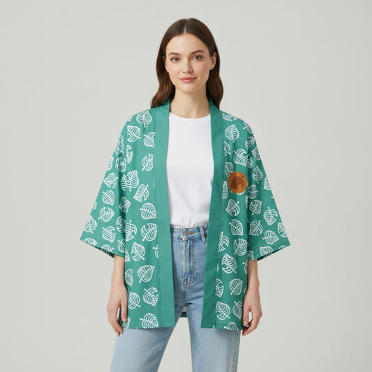 Veste Haori Japonais Imprimé Floral Rose & Vert