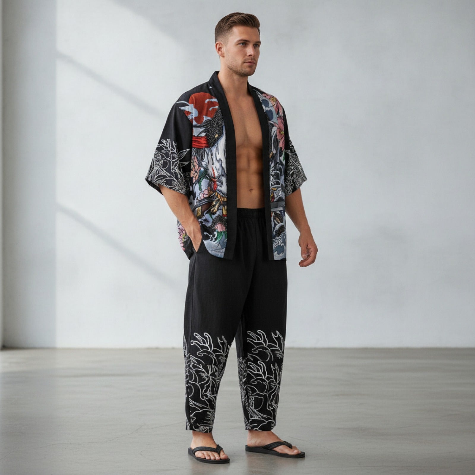 Ensemble Kimono & Pantalon Style Japonais Imprimé