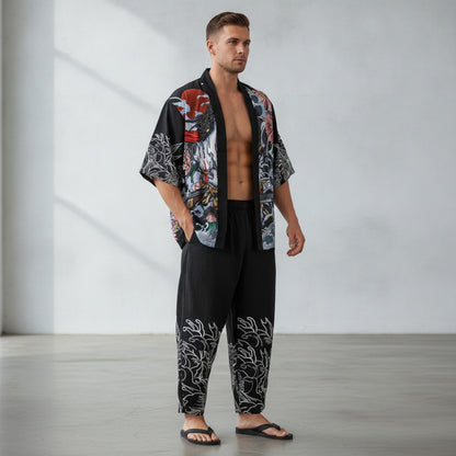 Ensemble Kimono & Pantalon Style Japonais Imprimé