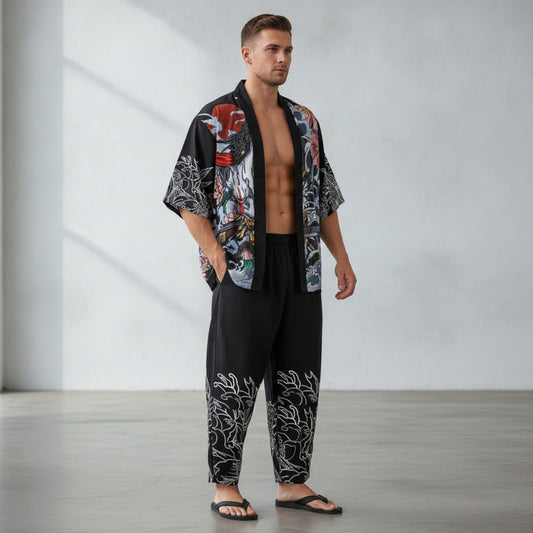 Ensemble Kimono & Pantalon Style Japonais Imprimé