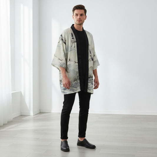 Kimono Haori Homme Noir Imprimé Grue