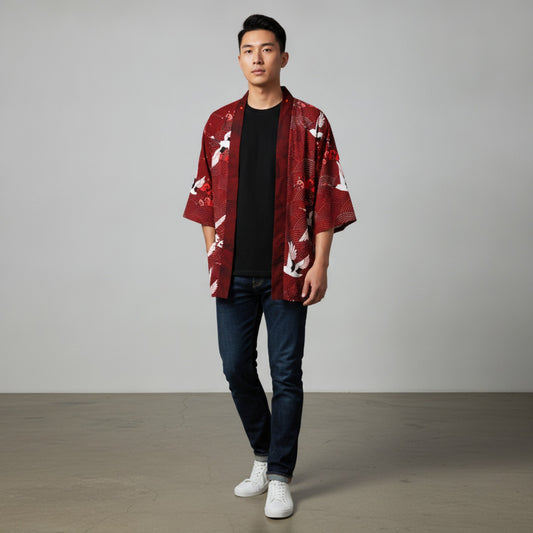 Kimono Haori Noir Grue - Style Asiatique Homme