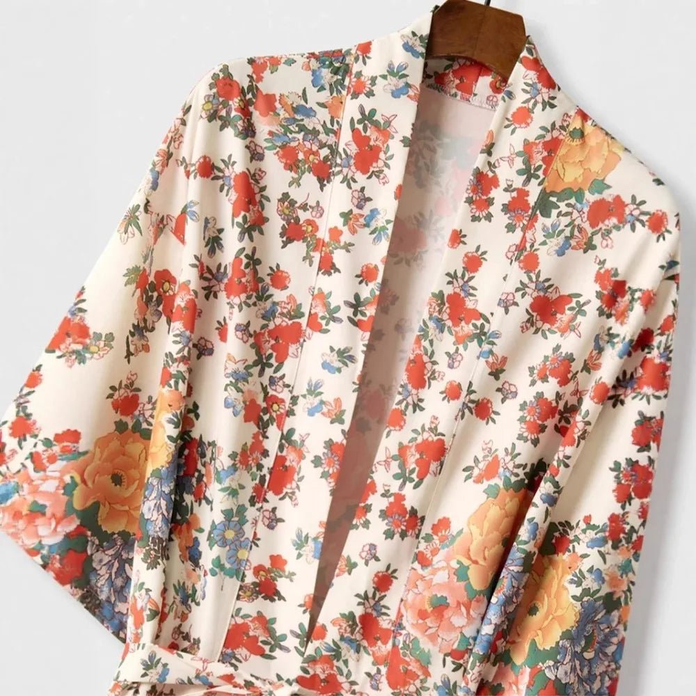 Haori Kimono Fleuri Bohème Femme – Beige - Kimono Zen
