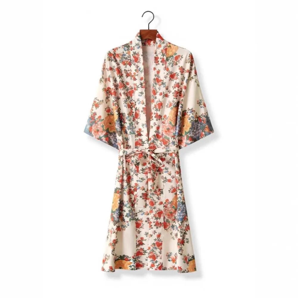 Haori Kimono Fleuri Bohème Femme – Beige - Kimono Zen