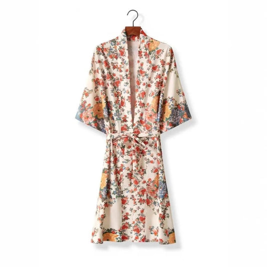 Haori Kimono Fleuri Bohème Femme – Beige - Kimono Zen